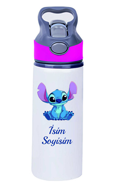 Kreax Kişiye Özel Pembe Başlıklı Pipetli Su Matarası Stich