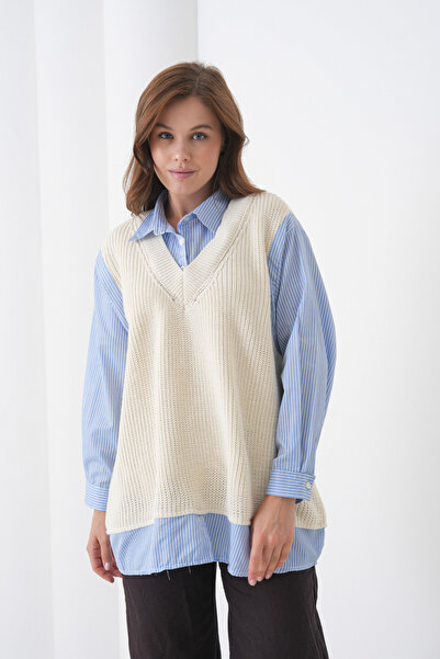 loia Women's V-Neck Knitwear Sweater Shirt Detailed Inside Shirt Oversize Blo...