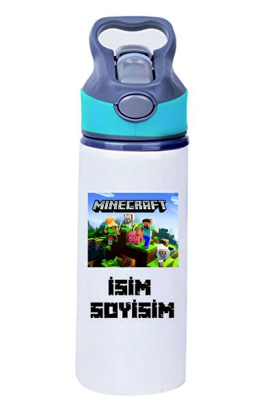 Kreax Kişiye Özel Mavi Başlıklı Pipetli Su Matarası Minecraft