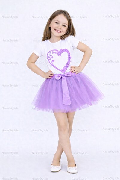 Nacar Kız Çocuk 23 Nisan 29 Ekim İçi Boş Kalp Tshirt&Tütü Etek 2'li Alt-Üst T...