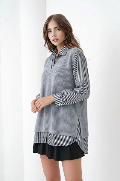 loia Women's V-Neck Knitwear Sweater Shirt Detailed Inside Shirt Oversize Blo...