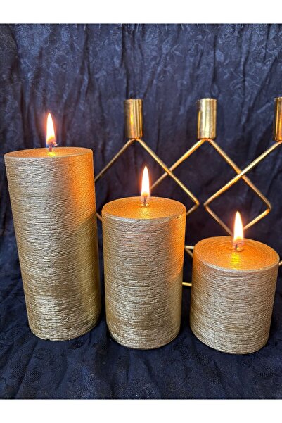 Usta Mum 3'Lü Tırtıklı Altın Dokulu Silindir Mum Seti Boy :15cmx11cmx7cm Çap ...