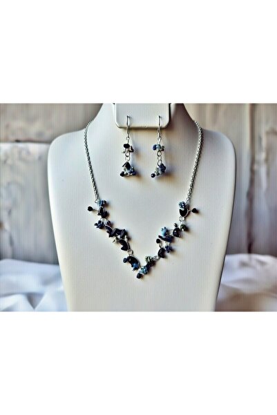 KÜBRA Mavi Siyah Dogal Taşlı Çicek Desenli Kolye Küpe Seti Sallantılı Gümüş T...