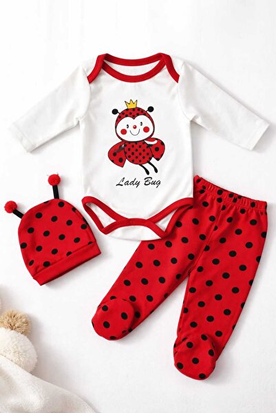 Tenra 3 Piece Baby Snap Bodysuit Set 100% Cotton Ladybug Patterned 0-6 Months