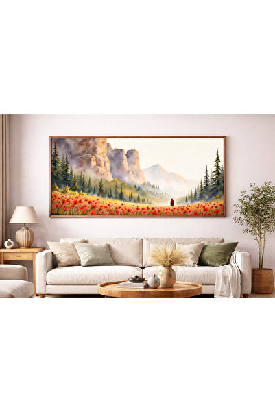 Tuba Decor Tek Parça Gerçek Ahşap Yatay Panorama Çerçeveli Tablo gelincik tar...