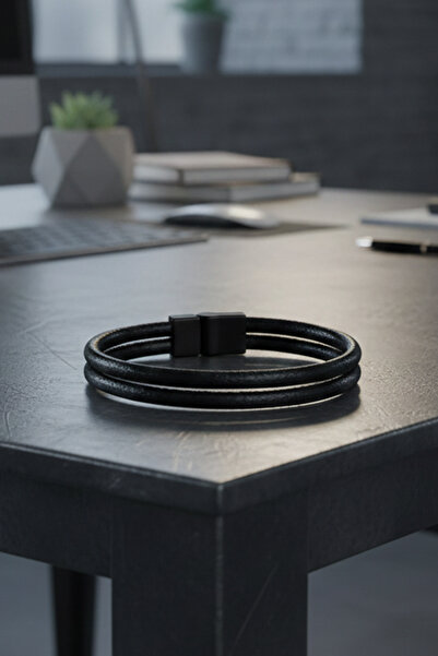 VAOOV Double Row Black Leather Men's Bracelet