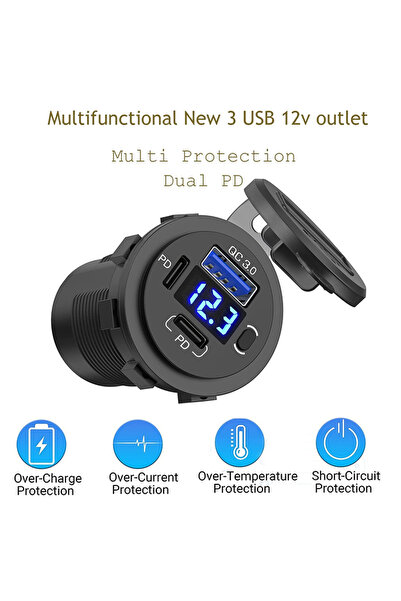 Mellifera Bir Usb Type-A ve Bir Usb Type-C Şarj Cihazı (Voltmetreli - On-Off ...