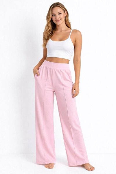 PHANTOM JEANS Γυναικείο ροζ παντελόνι Modal με φαρδιά μπατζάκια, ριγέ, ψηλόμε...