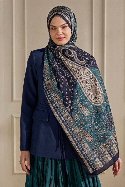 SilkTouch Lacivert Saray Motifi Desen Floş Hint İpeği