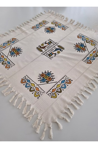 Milenam مفرش طاولة مربع الشكل مصنوع يدويًا بنمط هيتيت مطبوع عليه خشبية أصلية