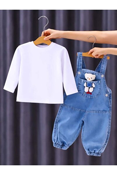 bebe kervanı Erkek Bebek %100 Pamuklu Beyaz Ayıcık Oyuncaklı Slopet Kot Tulum...