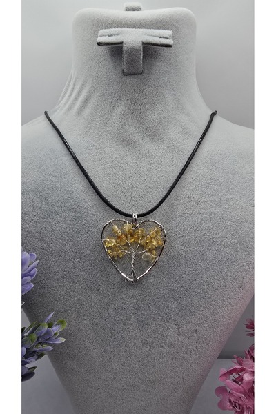 ahsenaksesuar2025 Heart Model Yellow Chakra Stone Tree of Life Necklace – Wire Wrapped Necklace with Natural Stones-40Cm