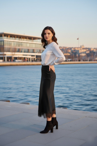 Lovely butik Vintage Style Lace Trim A-Line Midi Length Silk Mixed Fine Satin Premium Skirt