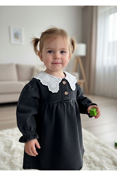 Miniminnakkidswear Kız çocuk beyaz dantel yaka kot elbise