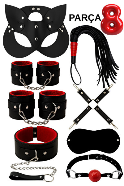 Good Miss 8 Parça Fantazi Seti | Kırmızı Peluş İç Yüzeyli Kelepçe,Maske, Kırbaç ve Aksesuarlar