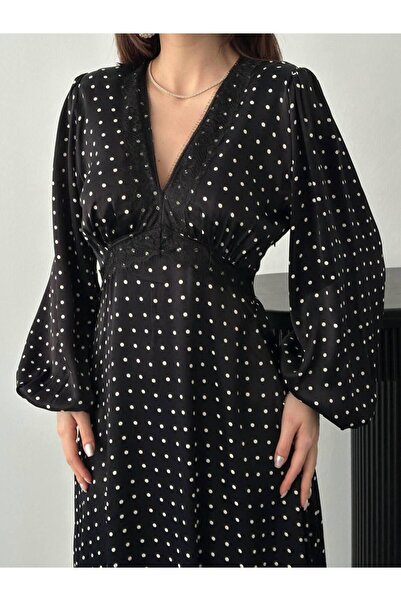 Ekim Store Polka Dot V-Neck Ruched Maxi Dress