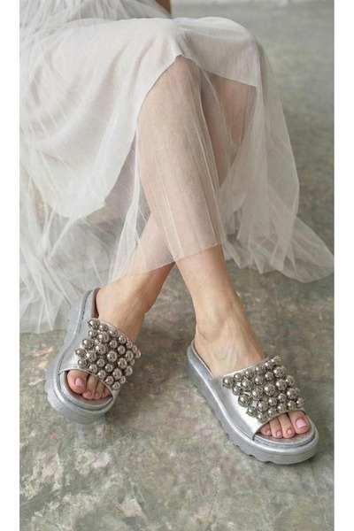 Modanizm Tuva Silver Wedge Heeled Slippers