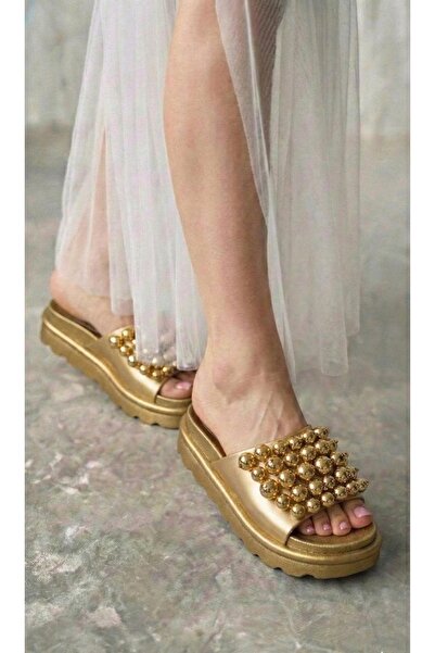 Modanizm Tuva Gold Wedge Heeled Slippers