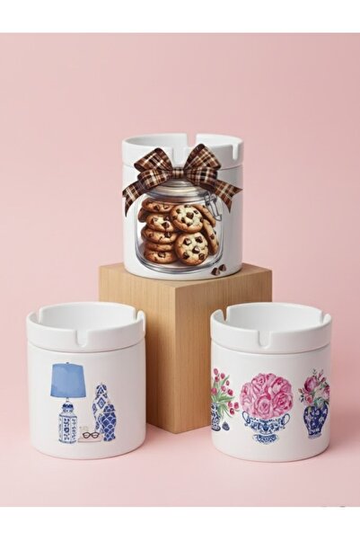 sartre art Kurabiye & Çiçek Rüyası 3'lü Kapaklı Kokusuz Küllük Seti