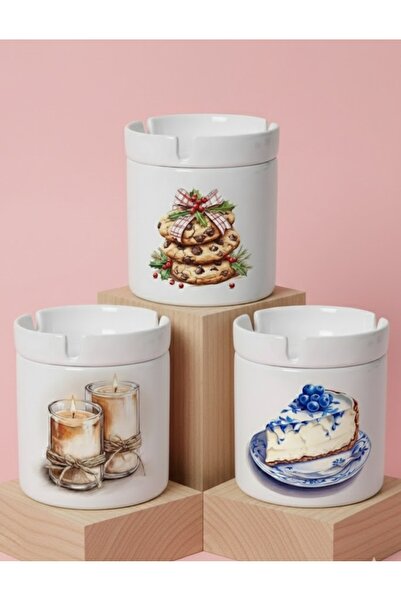 sartre art Set de scrumiere cu capac Mum & Kurabiye Rüyası, 3 piese – Albastr...