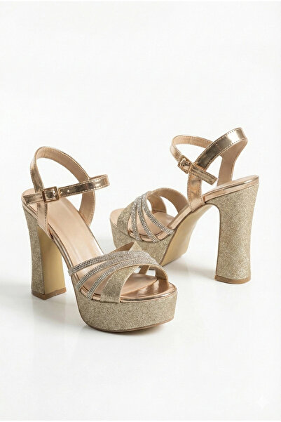 Miss Mitto Women's Gold Glittery High Platform Thick Heeled Stylish 3-Row Sto...