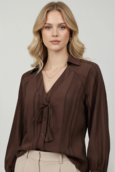 Lusin Women's Brown Tie-Detail V-Neck Shirt