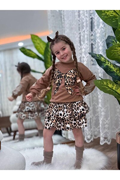 YİGİT BUTİK Leopard Skirt and Bow Patterned Girls' Set