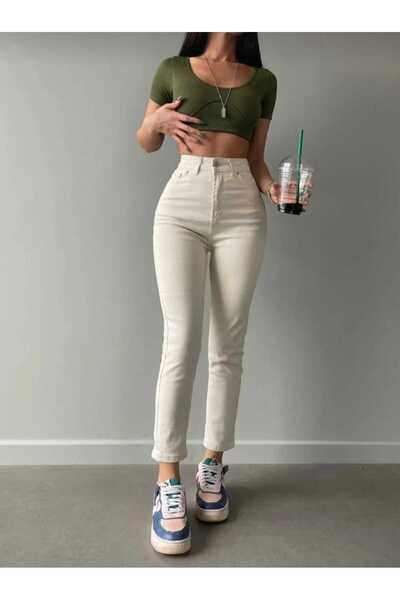 MAKRAS EXCLUSIVE Mom Jean Cream High Waist Lycra Jeans Jean Trousers