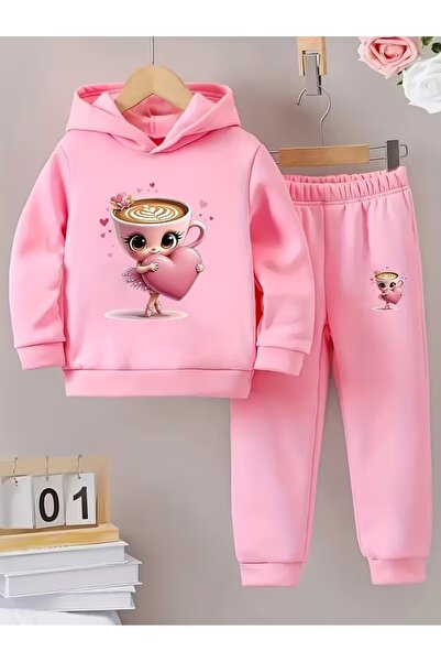 buendiakids Kız Çocuk Pembe Kalpli Bardak Baskılı Kapşonlu Lastik Paça Alt Takım