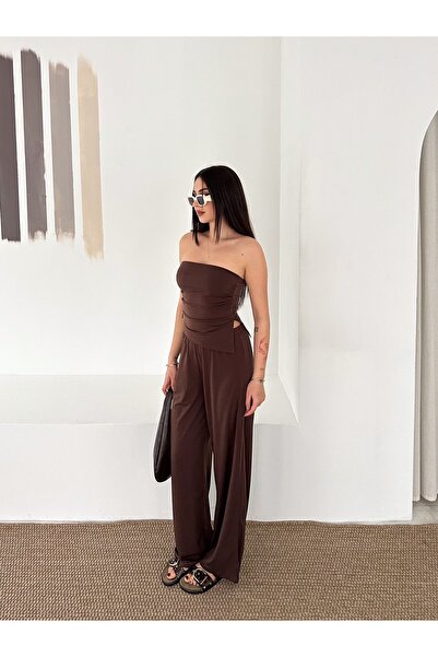 FEWTİNT Suit-Asymmetric Cutout Slit Detail, Gathered, Strapless Neckline Ball...