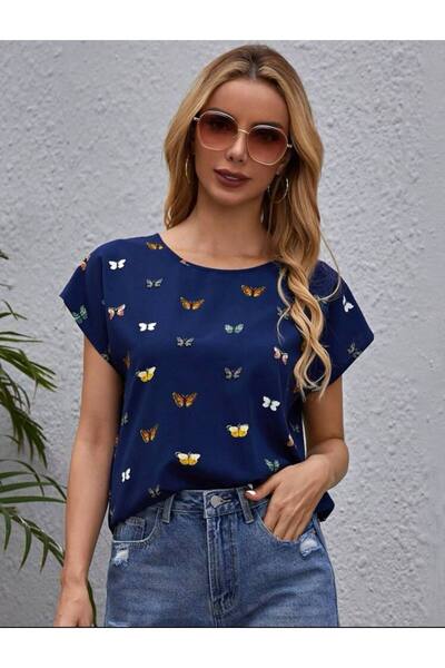 POLO BONETTA Dark blue blouse with a butterfly pattern - Made in Turkey