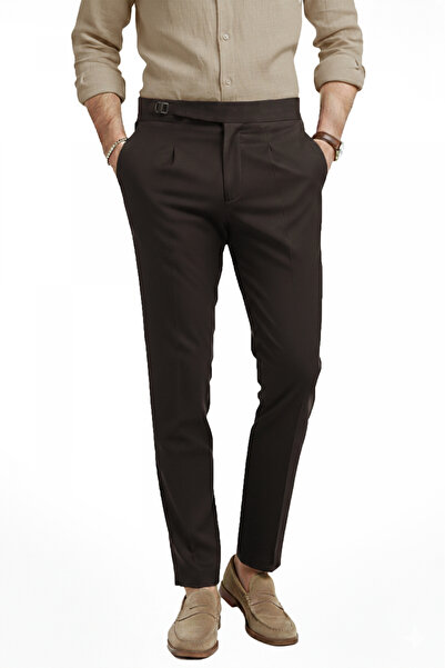 DeepSEA Men's Brown Lycra Italian Cut Pleated Belt Buckle Stylish Fabric Trou...