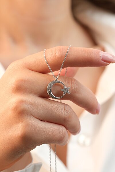 Kiriş Gümüş 925 Ayar Gümüş Ay Yıldız Gümüş Kadın Kolye