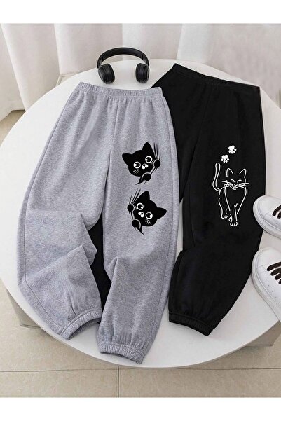 ship master Unisex Double Cat Print Jogger Sweatpants Set – White & Gray Rela...
