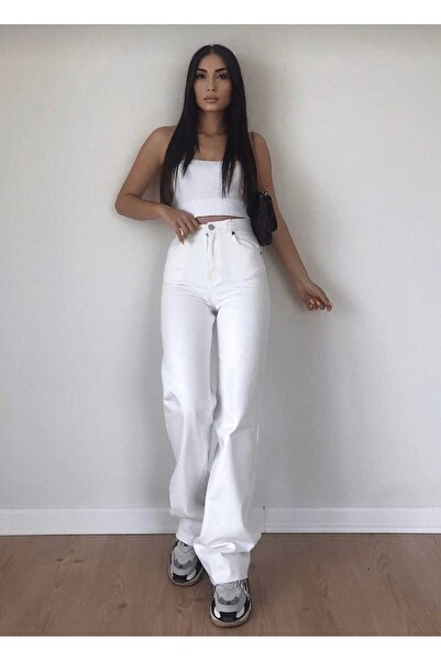 JAXEN Pantaloni din denim Palazzo albi, cu talie înaltă, elastici, cu picior ...