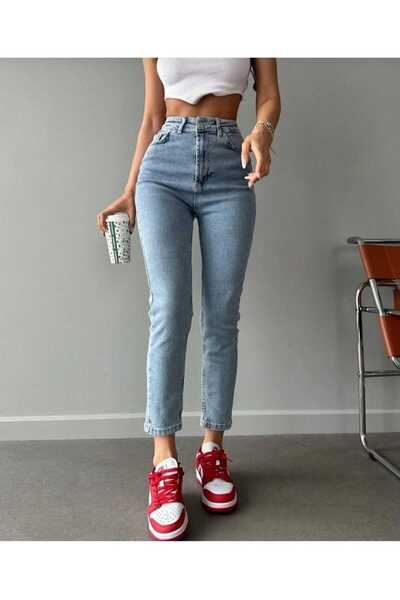 MAKRAS EXCLUSIVE Mom Jean Blue Snow Wash High Waist Lycra Denim Jean Trousers