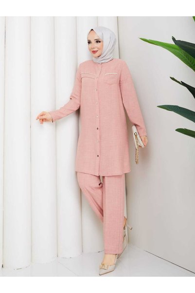 NURSİDA Sofia Linen Buttoned Tunic Trousers Double Set