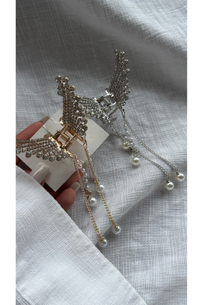 YOYYO مشبك على شكل جناح ملاك مرصع بالأحجار - سلسلة اللؤلؤ المتدلية