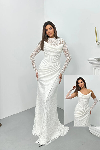 İyem Abiye Bolerolu Ve Kollu Dantel Desenli Taşlı Şık Tasarım Abiye Elbise Da...