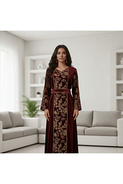 alqarat "Areej" Velvet Jalabiya with Golden Accents