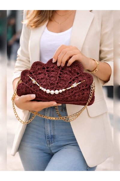 Midye Tasarım Astarlı Kağıt ip midye çanta kaliteli örme inci boncuk detaylı ...