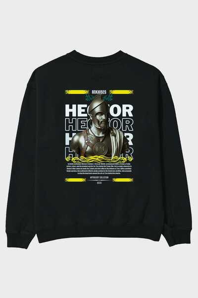 Ankhises Hector 1 Mitology Hanorac negru supradimensionat cu imprimeu pe spat...