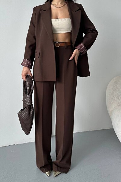 AKD Atelier Women's Two-Piece Top and Bottom Set with Belt, Striped Lining, P...