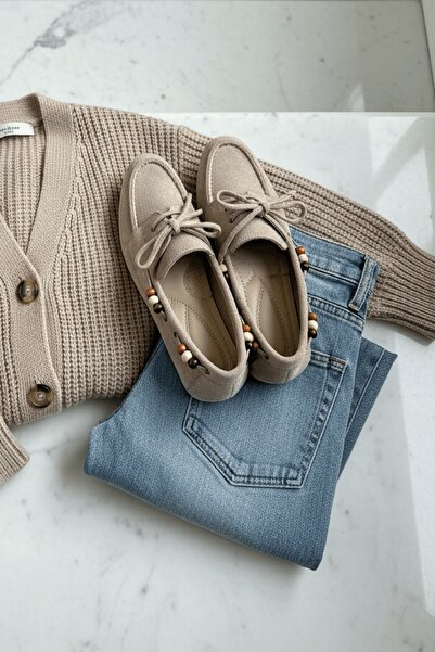 DİVOLYA Bonita Beige Suede Beaded Detailed Ballerina Shoes