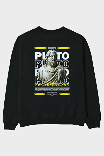 Ankhises بلاتو 2 ميتولوجي سويت شيرت أسود كبير الحجم مطبوع من الخلف للرجال وال...