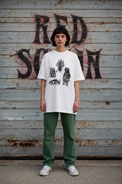 Linol El Baskısı Ucube Sirk Crop Olabilir Zincirli Beyaz Tshirt