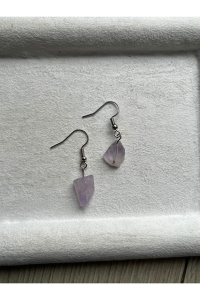 Pel Design Raw Amethyst Stone Silver Color Standard Steel Earrings Handmade