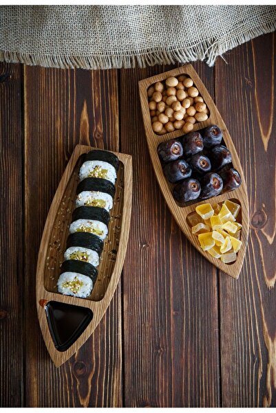 SS Ahşap Atölyesi Ahşap Sushi Sunum Kayığı 2’li Set – Bölmeli ve Sade | Doğal...