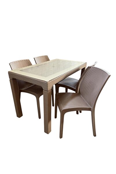 nar sokağı 70x120 cm Camlı Rattan Masa 4 Adet Kolsuz Rattan Sandalye Masa Takımı