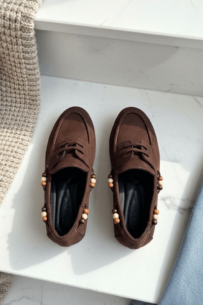 DİVOLYA Bonita Brown Suede Beaded Detailed Ballerina Shoes